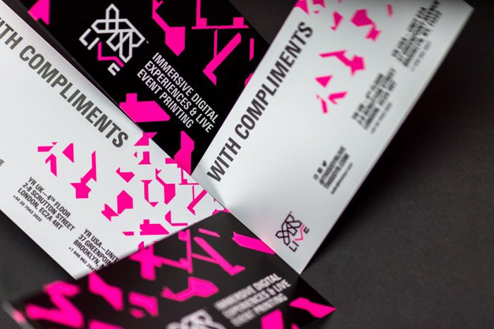 Screen printed fluorescent compliment slips designed for YR Live as part of their rebrand.